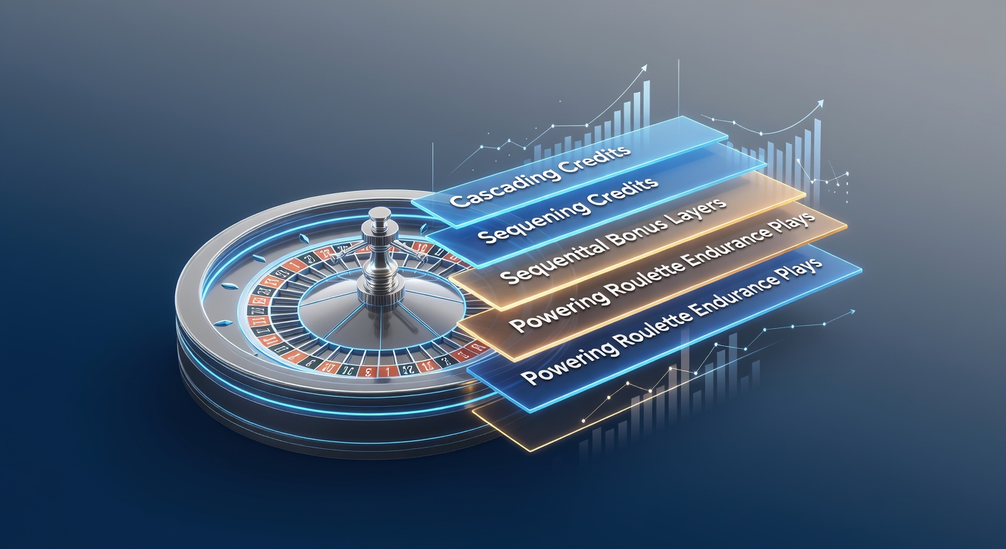 Visual representation of cascading credit layers stacking up in a roulette bonus system, showing sequential bonuses extending play sessions