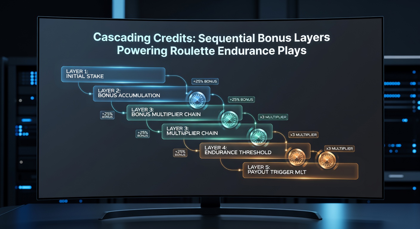 Diagram illustrating sequential bonus layers cascading downward, powering extended roulette sessions with credit multipliers and free play extensions