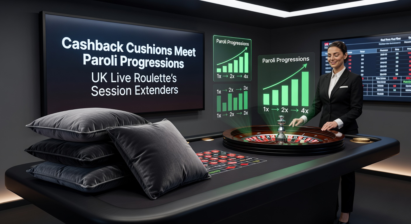 Dynamic graphic showing Paroli betting ladder intertwined with cashback rebate flows on a live UK roulette wheel, illustrating prolonged play cycles