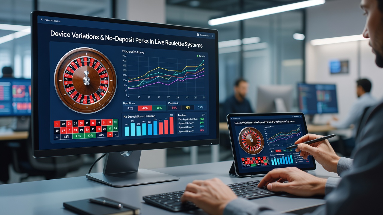 Mobile and tablet screens displaying live roulette with progression system indicators and bonus balance meters