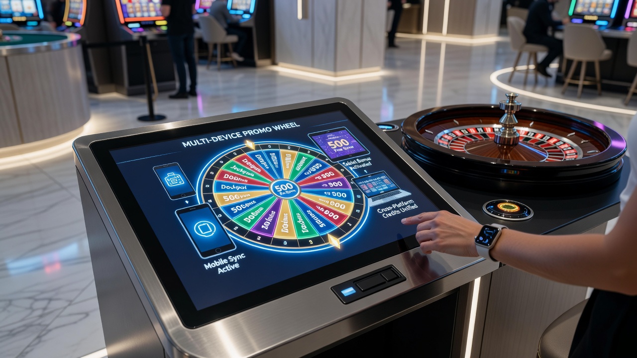 Roulette wheel interface displayed on tablet and smartphone showing bonus tracking features