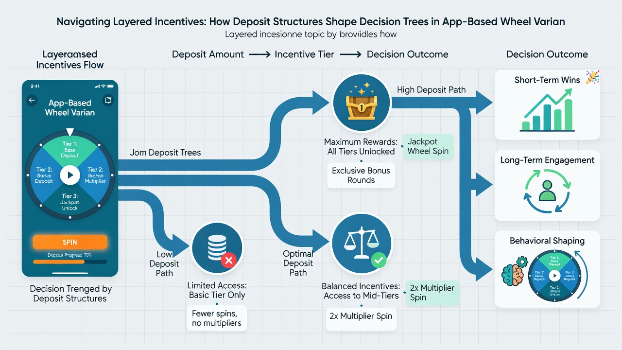 Flowchart style illustration of decision trees branching from different deposit tiers in wheel gaming apps