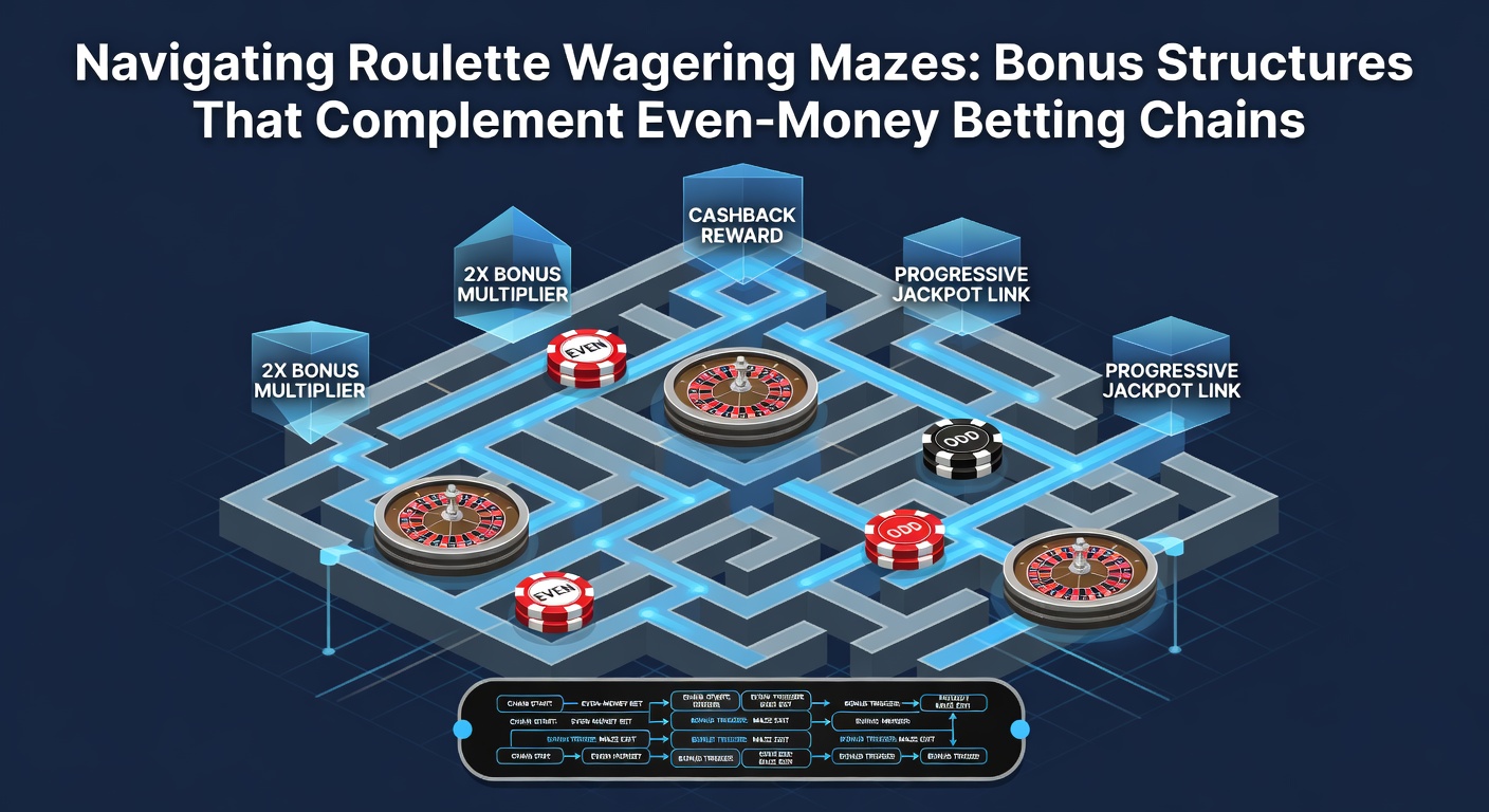 Digital graphic illustrating a flowchart of bonus wagering paths intertwined with even-money bet chains, showing progression from deposit to cashout