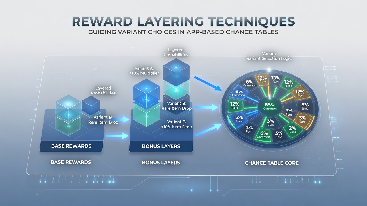 Mobile app interface displaying layered reward progressions and variant selection panels in chance-based tables