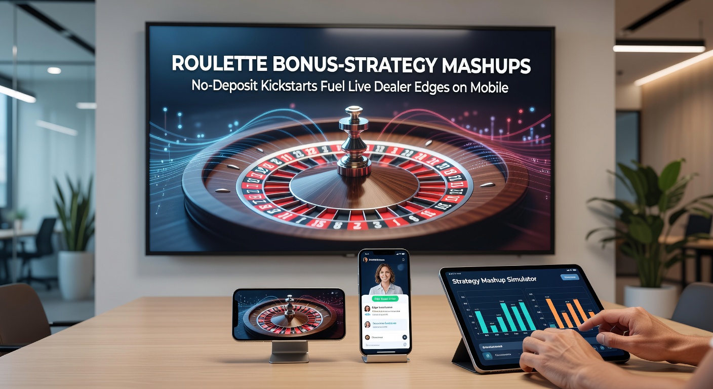 Smartphone screen capturing a live roulette dealer announcing bets, surrounded by strategy charts and no-deposit bonus pop-ups
