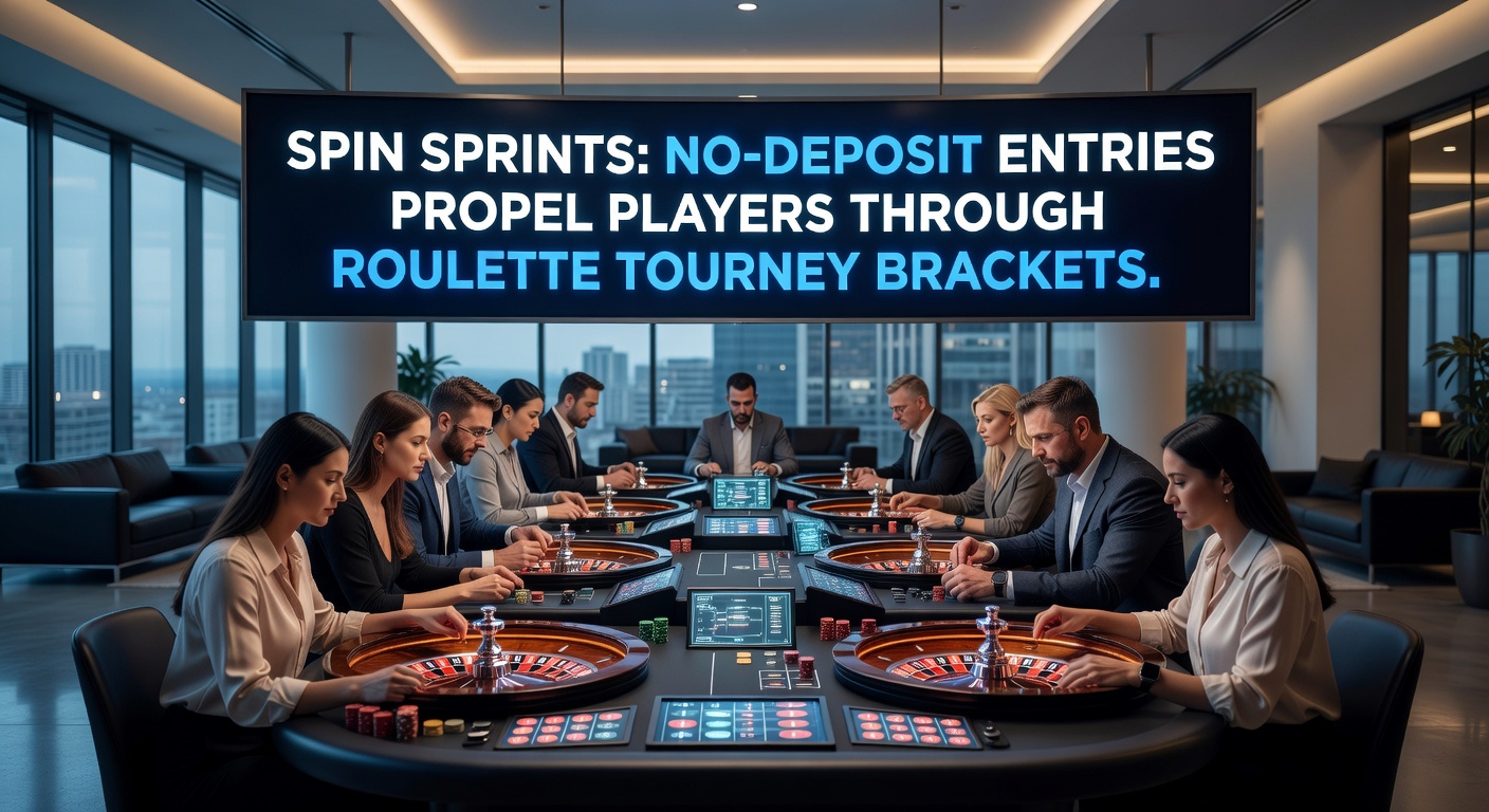 Dynamic graphic showing roulette wheel spinning with bracket ladders and no-deposit entry tickets flying upward