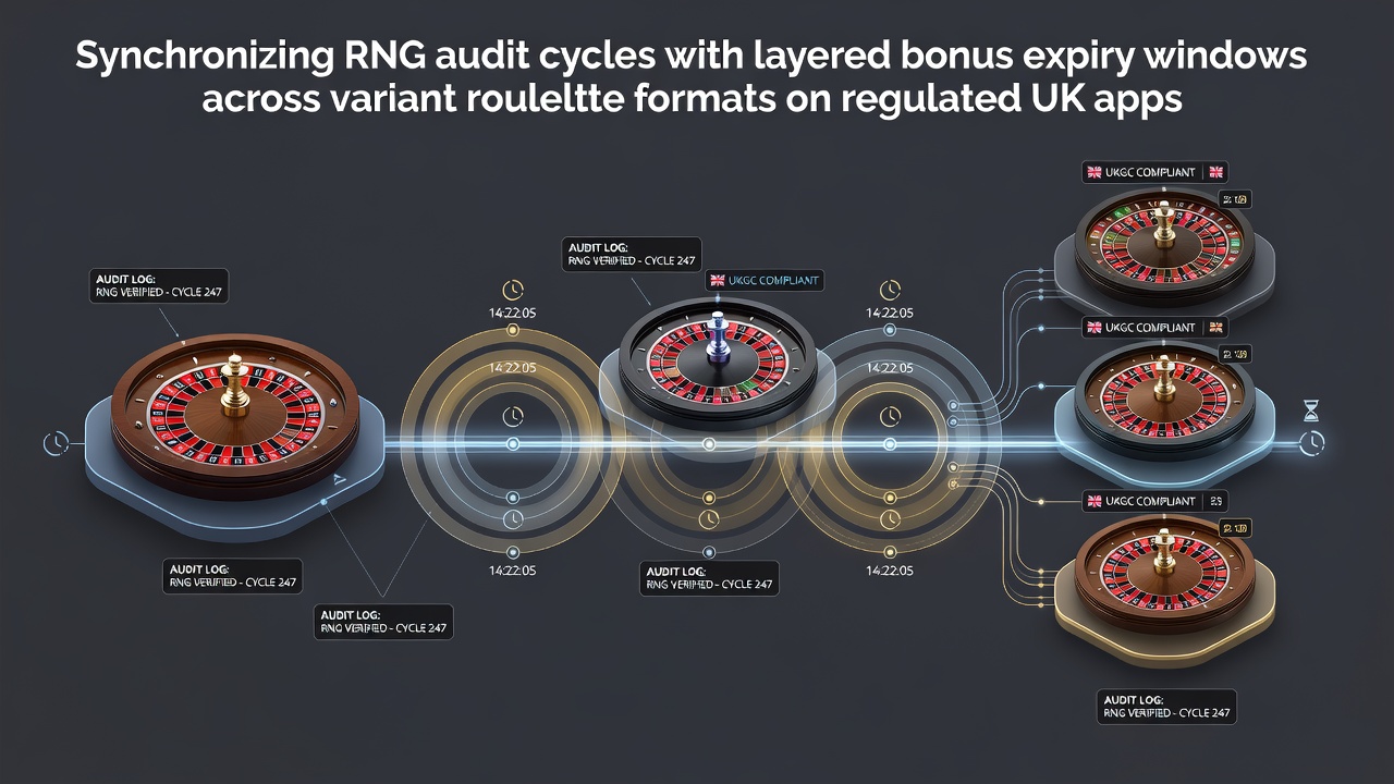 RNG audit synchronization diagram showing layered bonus expiry timelines across roulette game variants on UK regulated apps
